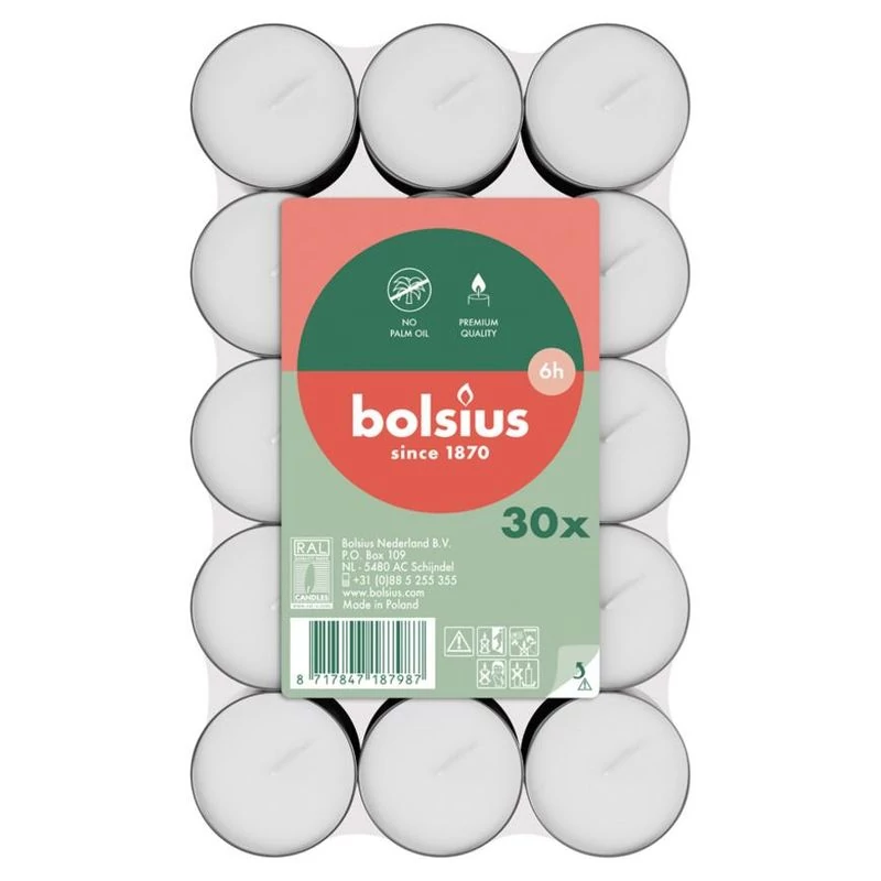 Gyertya Bolsius, mécses, 6 óra, fehér, csomag 30 db