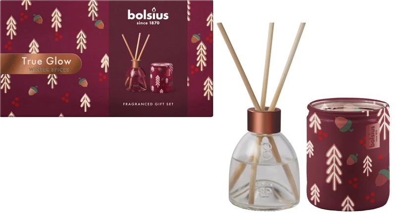 Készlet Bolsius, Winter Spices, karácsonyi, ajándék, gyertya + diffúzor, illatos, piros
