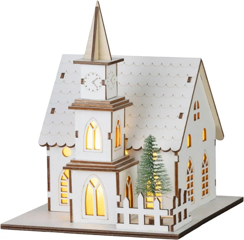 Dekoráció MagicHome Karácsony, templom, fa, 6xLED meleg fehér, 15x17x18.5 cm, 2xAAA