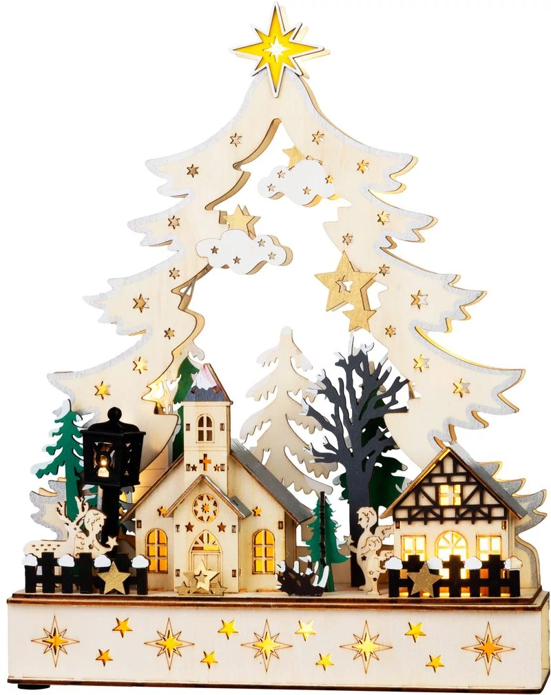 Dekoráció MagicHome Karácsony, falu, fa, 12xLED meleg fehér, 25x7.5x32 cm, 2xAA