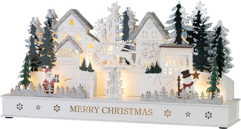 Dekoráció MagicHome Karácsony, falu, fa, 15xLED meleg fehér, 45x15x22.7 cm, 2xAA