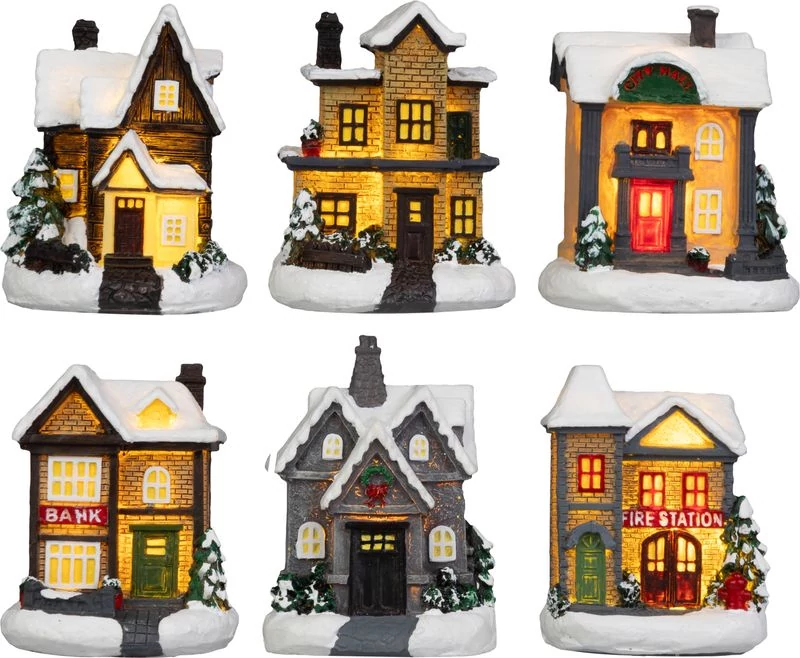 Dekoráció MagicHome Karácsony, házikó, polirezin, 1xLED meleg fehér, 6x6x8 cm, 2xLR44, vegyes minták