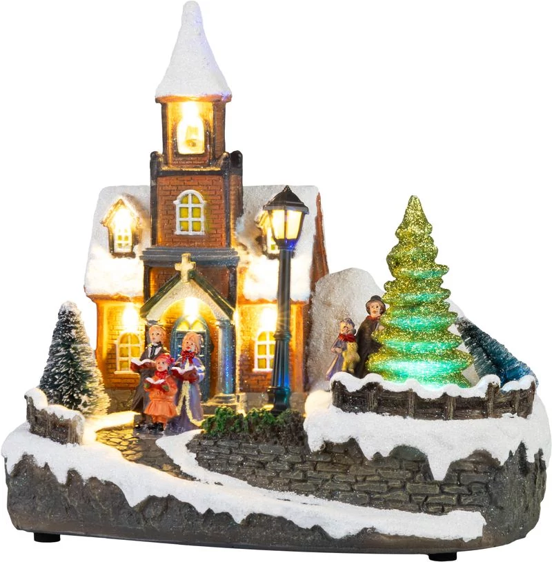 Dekoráció MagicHome Karácsony, templom, műanyag, 1xLED meleg fehér, 21x14.5x20.8 cm, 3xAA