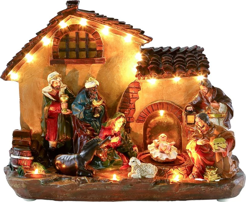 Dekoráció MagicHome Karácsony, házikó, polirezin, 16xLED meleg fehér, 29x14x24 cm, 3xAA