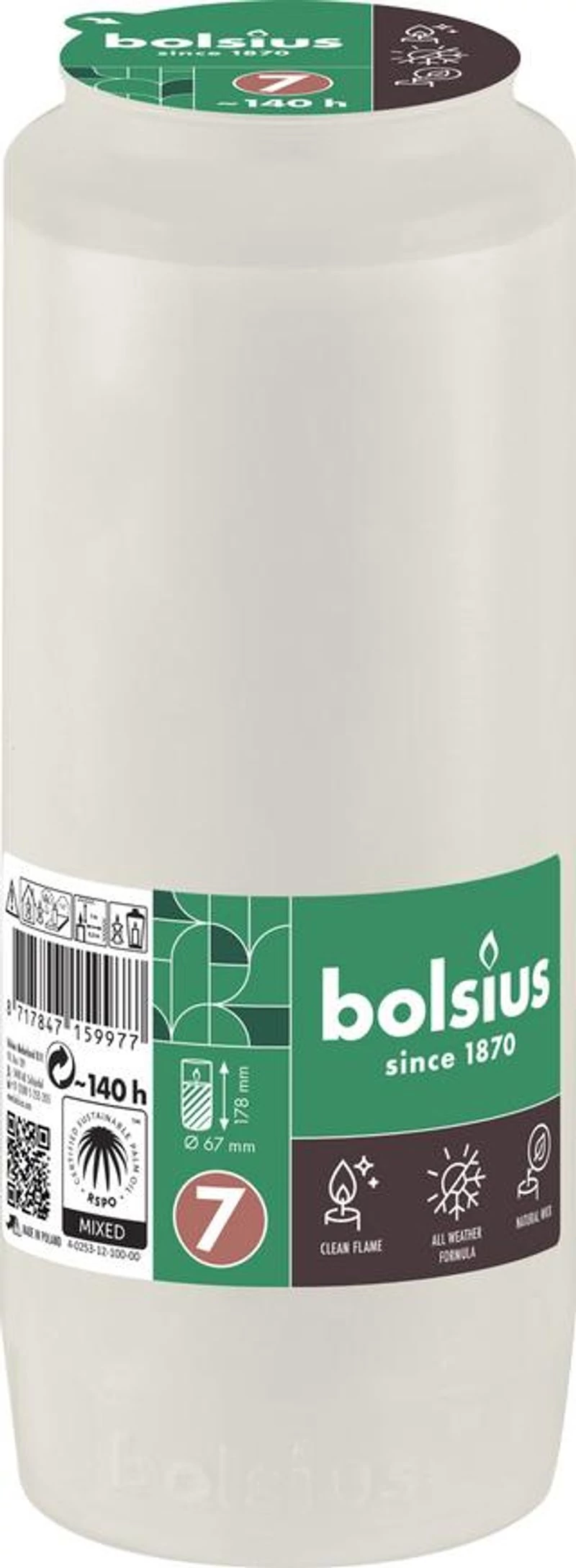 Mécsesbetét Bolsius, 140 óra, 471 g, 67x178 mm, fehér, olaj