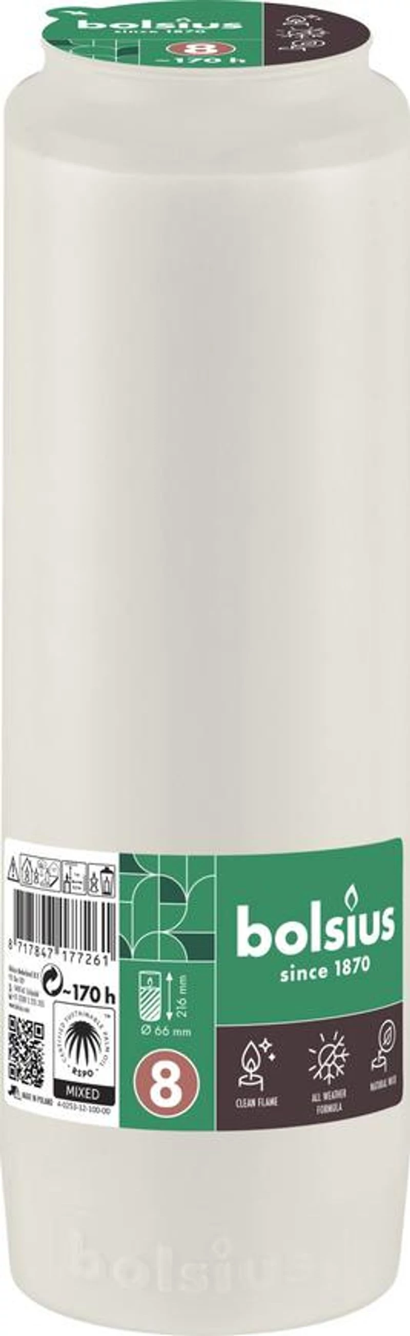 Mécsesbetét Bolsius, 170 óra, 551 g, 66x216 mm, fehér, olaj