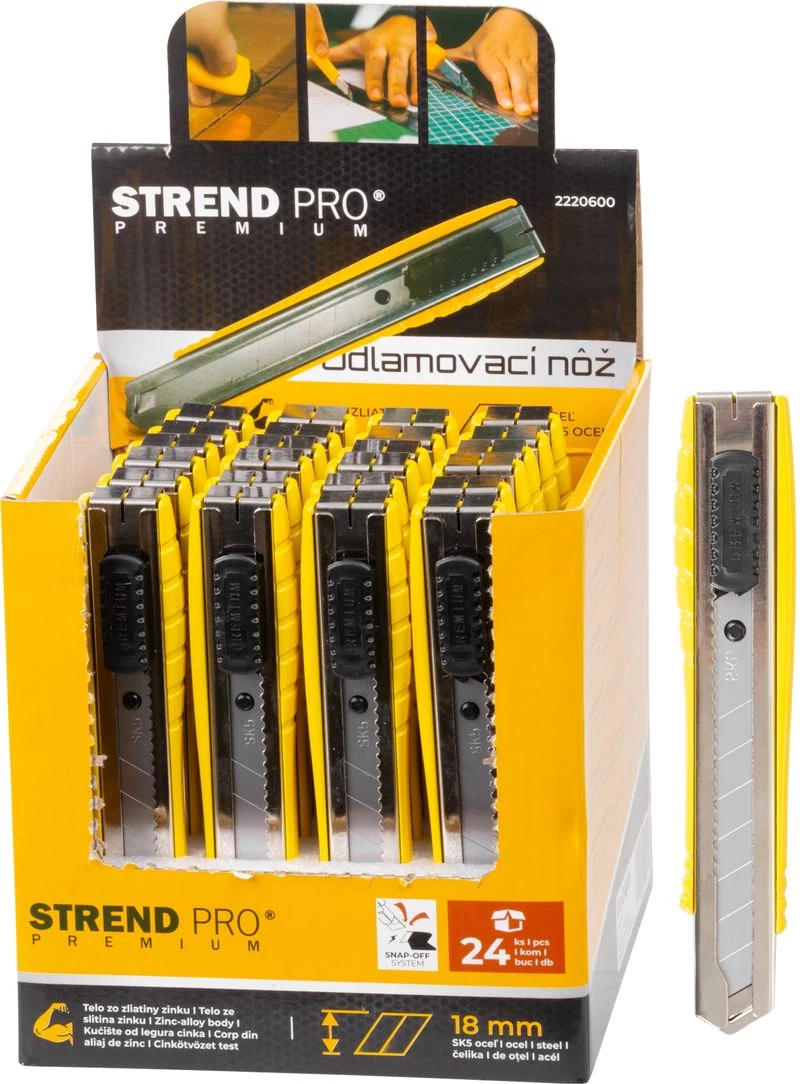 Kés Strend Pro Premium, 18 mm, tördelhető pengéjű, fém, 24 db-os display doboz
