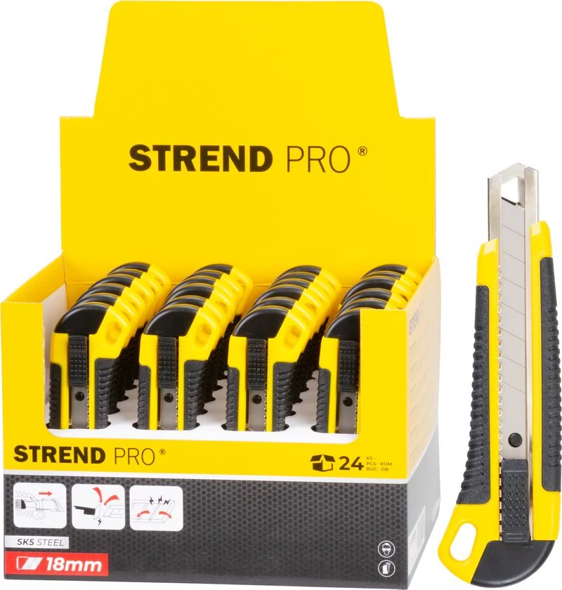 Kés Strend Pro UKBOX-86-18, 18 mm, tördelhető pengéjű, műanyag, 24 db-os display doboz