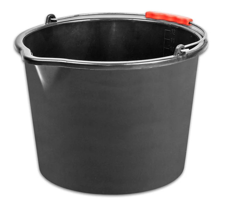 Vödör ReCycled®, 12 literes, építőipari, műanyag, műanyag fogantyú, kiöntővel, fekete