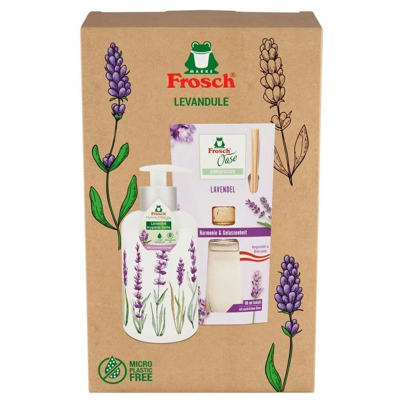 Ajándékkészlet Frosch, levendula, diffúzor és folyékony szappan, 90 ml + 300 ml