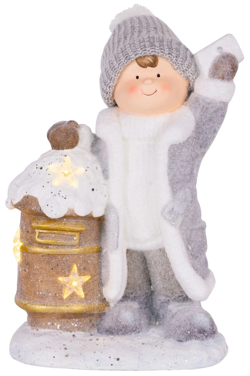 Dekoráció MagicHome Karácsony, kisfiú ládával, 1 LED, 3xAA, kerámia, 33x23x45 cm