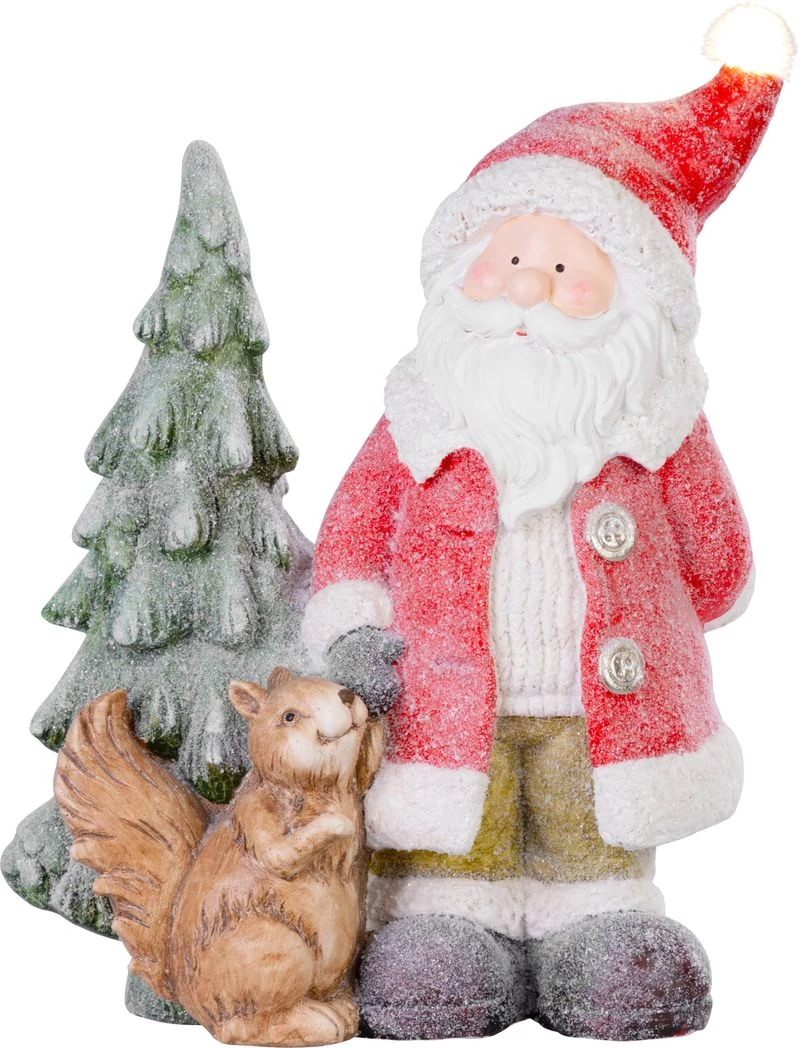 Dekoráció MagicHome Karácsony, Mikulás mókussal és fenyőfával, 1 LED, 2xAAA, kerámia, 35,50x20x46 cm