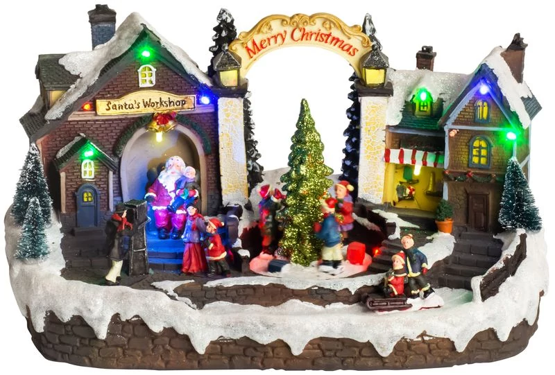 Dekoráció MagicHome Karácsony, falu, 15 LED, színes, dallamokkal, 3x AA, beltéri, 33,50x18x20 cm