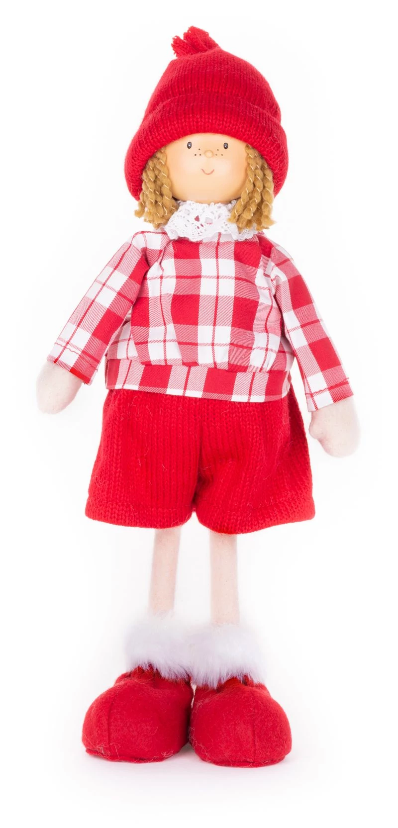 Dekoráció MagicHome Karácsony, kisfiú kockás ingben, 32 cm