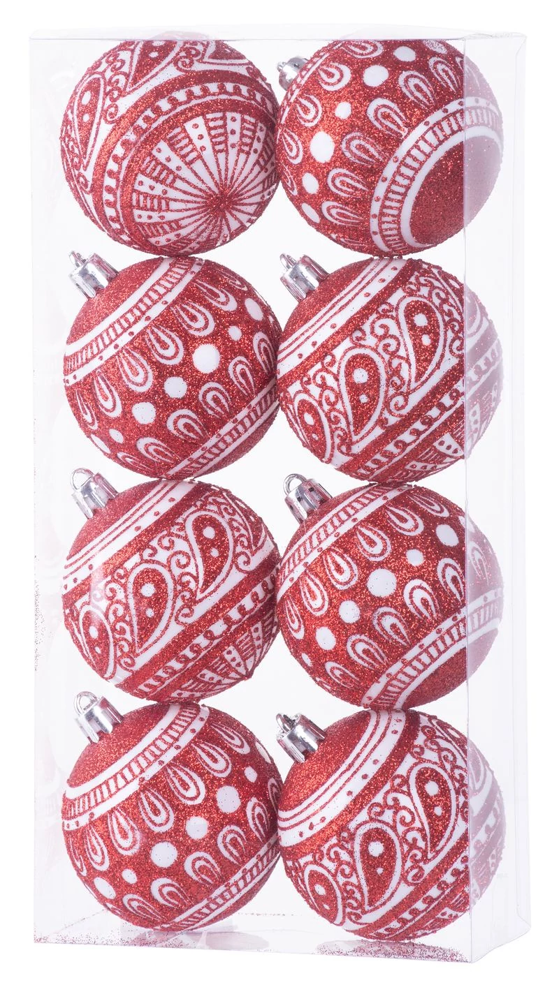 Gömbök MagicHome Karácsony, 8 db, 6 cm, piros fehér ornamentikával, csillámokkal, karácsonyfára