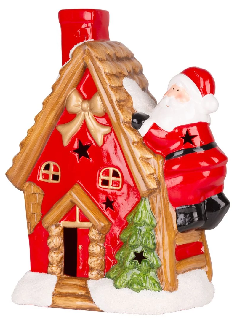 Dekoráció MagicHome Karácsony, házikó Mikulással a tetőn, LED, terrakotta, 2xAAA, 27x13x34 cm