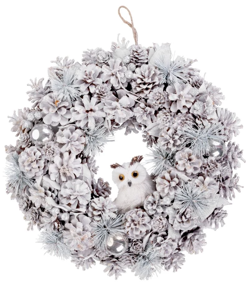 Koszorú MagicHome, karácsonyi, természetes, krémszínű, függő, bagollyal, 40 cm