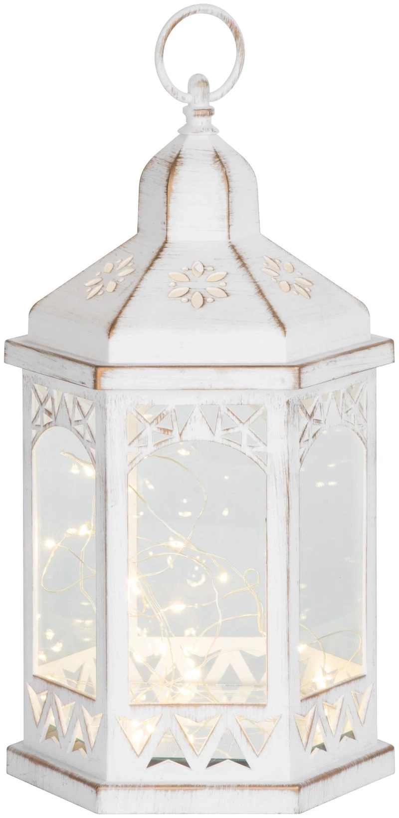 Lámpás MagicHome Karácsonyi Morocco, LED meleg fehér, fehér, 3xAAA, műanyag, időzítő, 18x15x32 cm