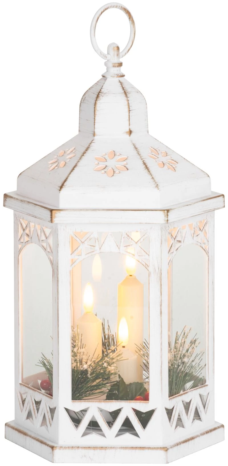 Lámpás MagicHome Karácsonyi Morocco, LED meleg fehér, gyertyák, fehér, 3xAAA, műanyag, időzítő, 18x1