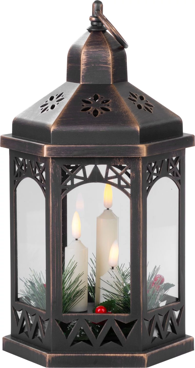 Lámpás MagicHome Karácsonyi Morocco, LED meleg fehér, gyertyák, fekete, 3xAAA, műanyag, időzítő, 18x
