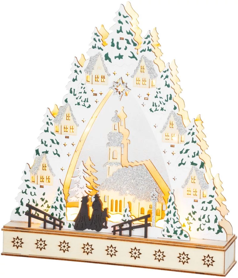 Dekoráció MagicHome Karácsony, falu templommal, LED, MDF, 30x7x33,5 cm, 2x AAA