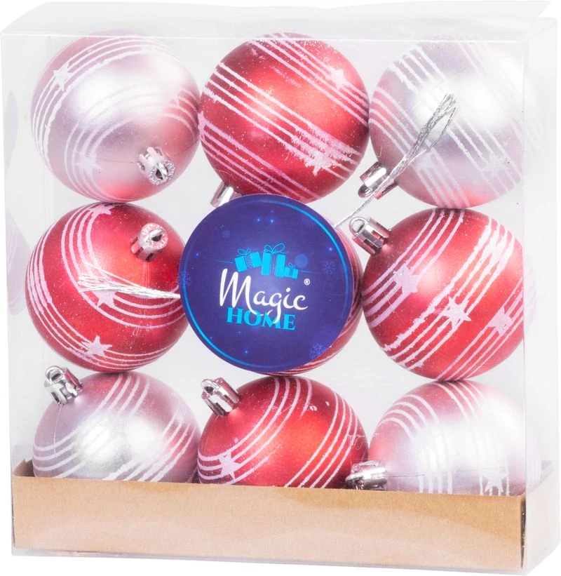 Gömbök MagicHome Karácsony, 9 db, piros-rózsaszín, matt, dekorációval, karácsonyfára, 6 cm