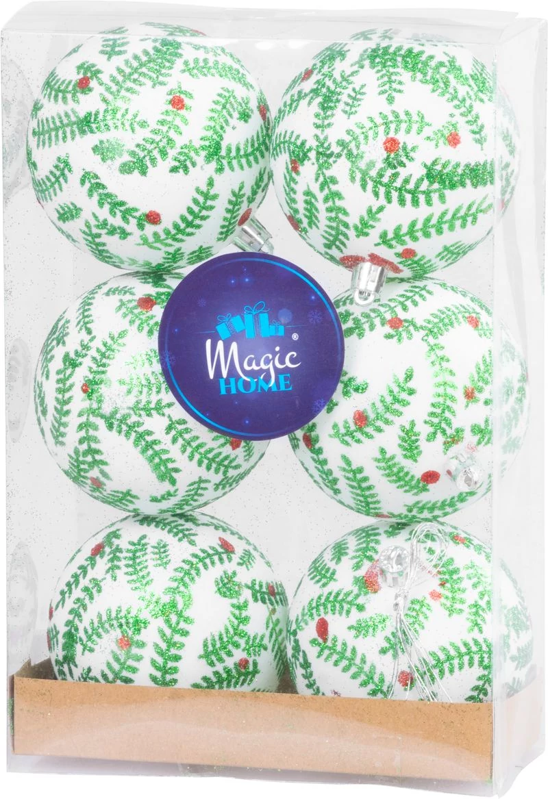 Gömbök MagicHome Karácsony, 6 db, fehér csillogó ornamentikával, csillámokkal, matt, dekorációval, k