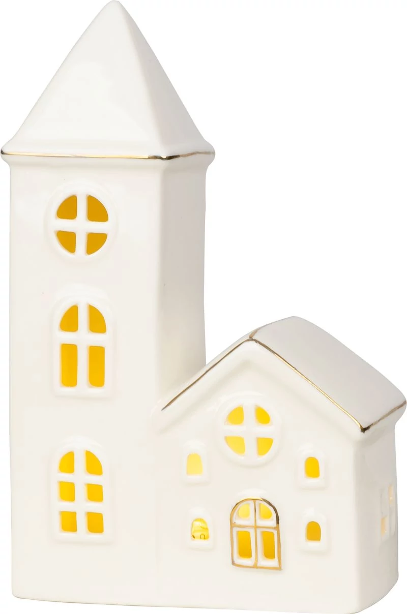 Dekoráció MagicHome, Házikó templommal, LED, fehér, porcelán, 11,2x5,5x17,4 cm