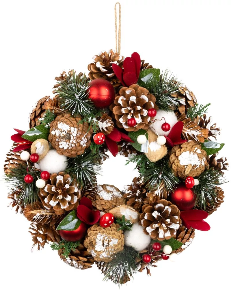 Koszorú MagicHome, karácsonyi, függő, természetes, fenyőágakkal és légyölő galócákkal, 30 cm