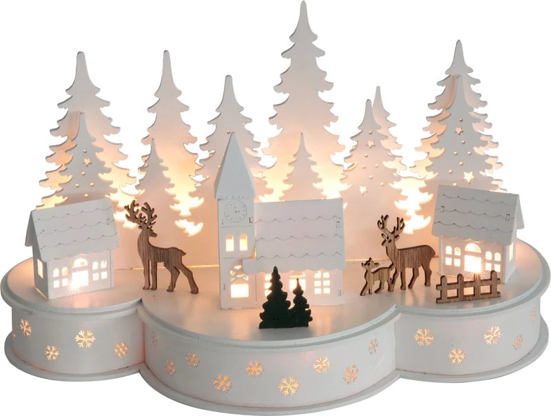 Dekoráció MagicHome Karácsony, falu szarvasokkal, 10 LED meleg fehér, 2xAA, MDF, 30x14x19,5 cm