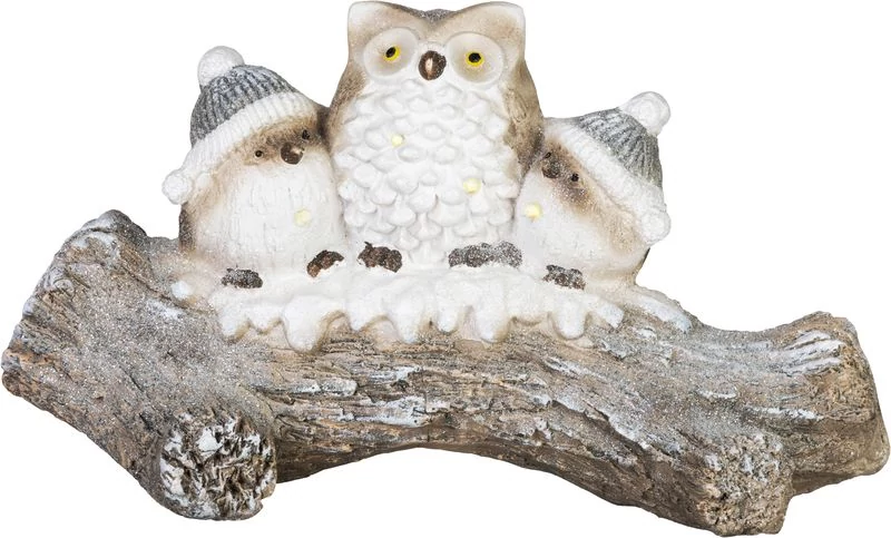 Dekoráció MagicHome Karácsony, baglyok havas fatörzsön, LED, 20.5x49.5x27.5 cm